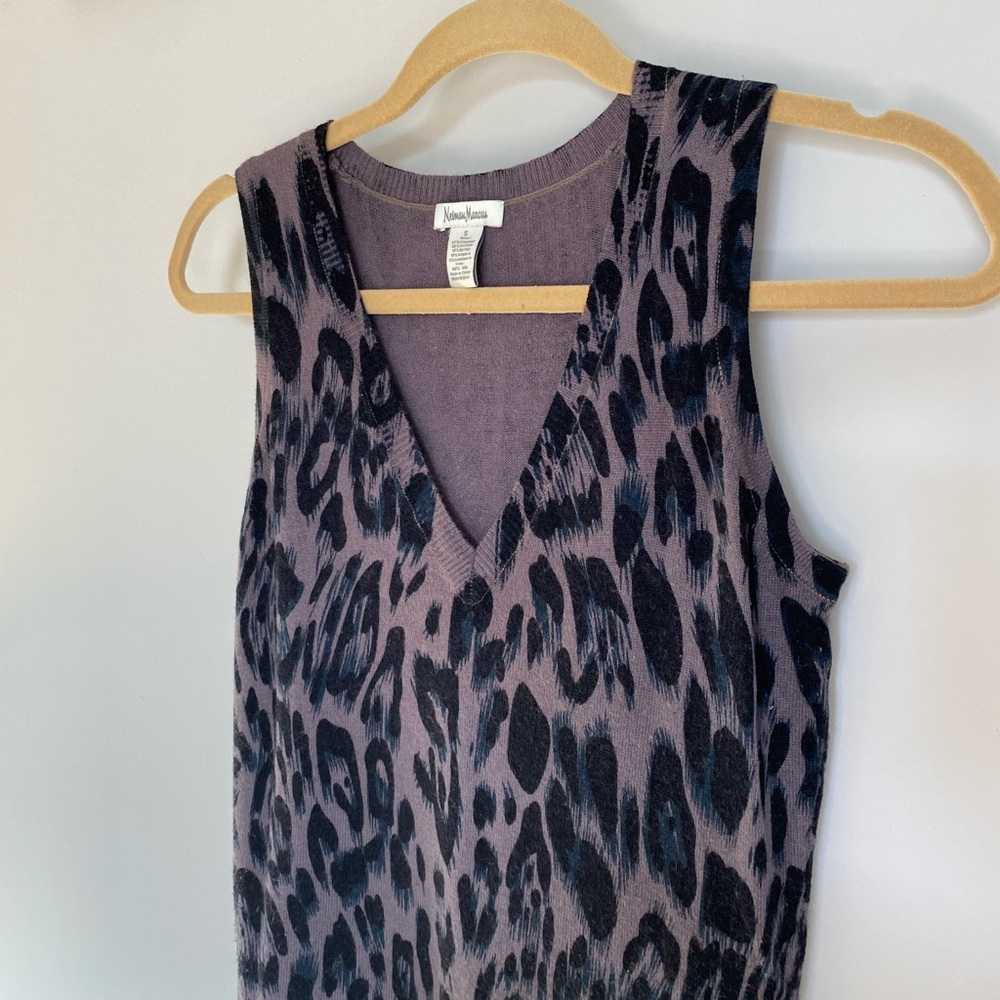 Neiman Marcus Tank Dress Black and Teal Leapard Print Angora/Cashmere Blend